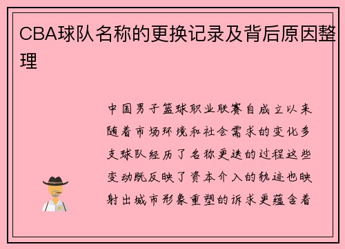 CBA球队名称的更换记录及背后原因整理