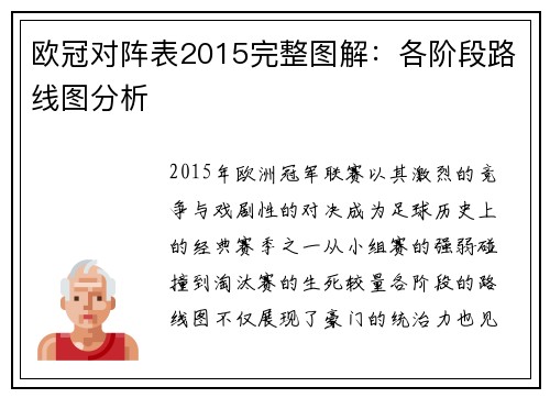 欧冠对阵表2015完整图解：各阶段路线图分析