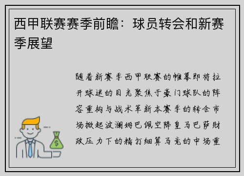 西甲联赛赛季前瞻：球员转会和新赛季展望