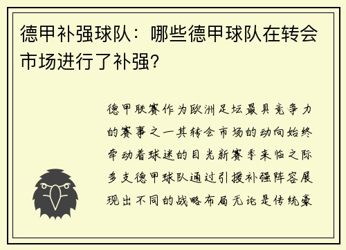 德甲补强球队：哪些德甲球队在转会市场进行了补强？